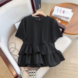 Plus size, women's front shoulder T-shirt for summer, loose fit and slimming, covering the belly with ruffled edges, top 3512