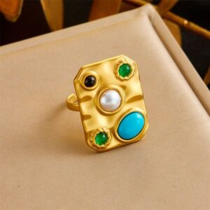 2025 court-style retro stainless steel pearl turquoise black agate jade square accessory ring for women fashionable band jewelry