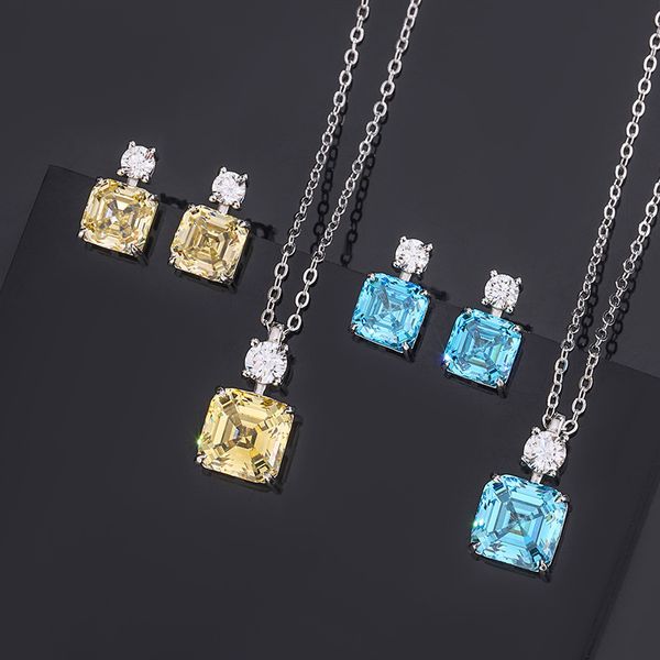 S925 Silver Ascher-Cut Blue & Yellow Gemstone Pendant Necklace & Earrings Set with High-Carbon Diamonds, Elegant Jewelry for Women
