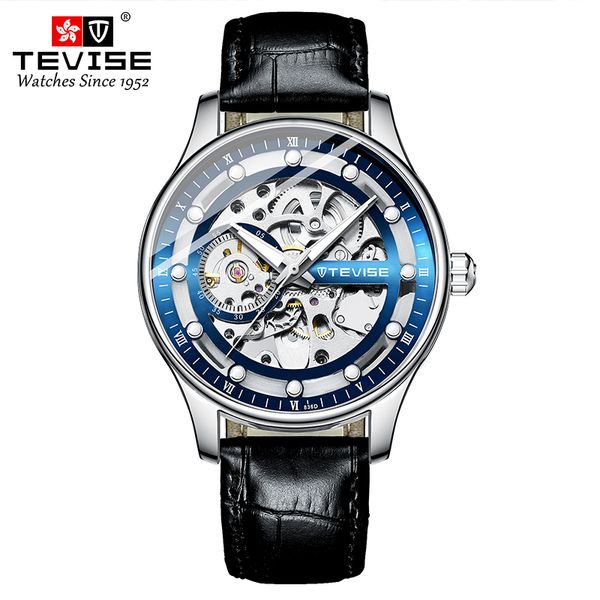 TEVISE New Style Mechanical Watch Hollow-out Design, Mens Leather Strap Fashionable Waterproof Men's Mechanical Watch T027- T836D