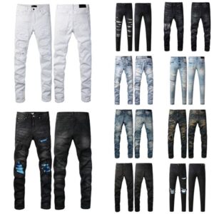 Designer men black trousers biker embroidery ripped for trend hole High Street cotton Casual fashion jeans mens womens pants