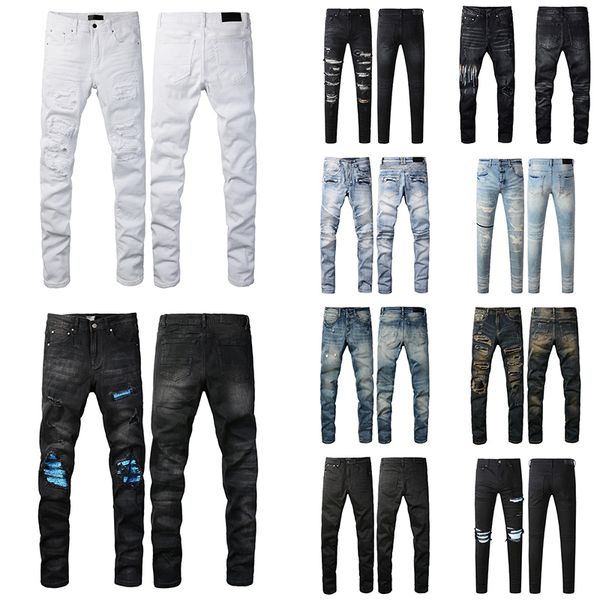Designer men black trousers biker embroidery ripped for trend hole High Street cotton Casual fashion jeans mens womens pants