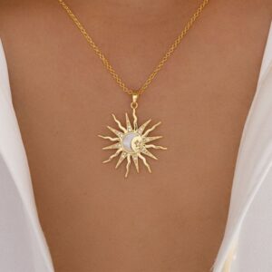 Sun & Star Pendant – Gold Plated Zinc Alloy Layering Chain with Zirconia, Dainty Celestial Jewelry for Women, Trendy Viral Necklace