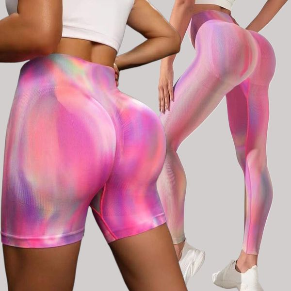 Trendy women's printed seamless double hip tie dye yoga pants long pants shorts high waisted hip lifting fitness pants tight sports pants