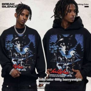 Sier Wolf Night American Print Unisex 210g Heavyweight Hooded Sweatshirt Drop Shoulder Collar Autumn Fashion