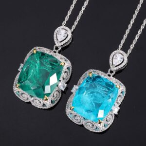 S925 Silver Faux Emerald Paraiba Rectangular Pendant Necklace, Luxury Design 20x23mm, Stylish High-End Women's Jewelry, Perfect Gift Choice