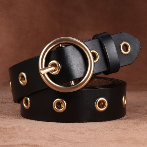 Leather belt women's versatile Korean round buckle waist belt for ladies, non-piercing decorative casual jeans belt