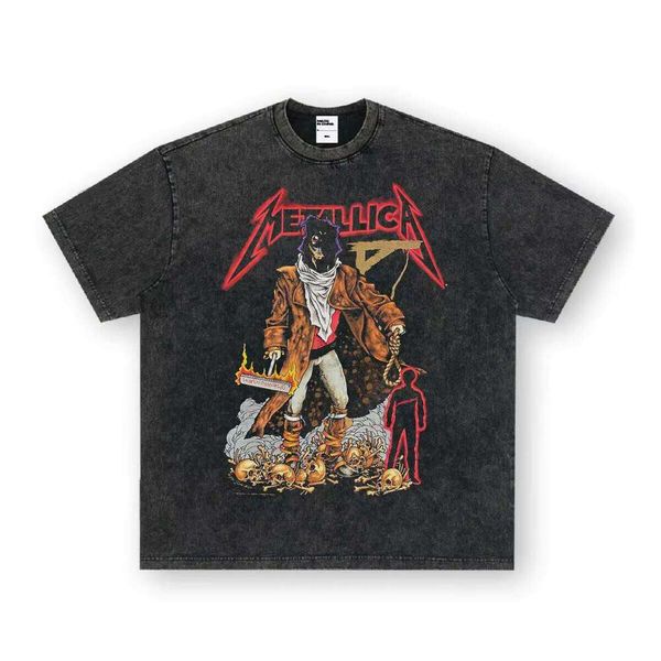 Metal Rock Band Crossover Washed Thick Print 100% Cotton Loose Fit Men's Solid Color T-Shirt Short Sleeve