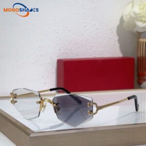 one piece fashion frameless cheetah designer sunglasses for women Driving adumbral hexagonal diamond cut classic eyeglasses gafas de sol for women with box 0582S