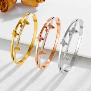 Hot Selling 2025 Fanshion Stainless Steel Zircon Butterfly Bracelet Colorproof Waterproof Bangle For Neutral Simple Routine Jewelry