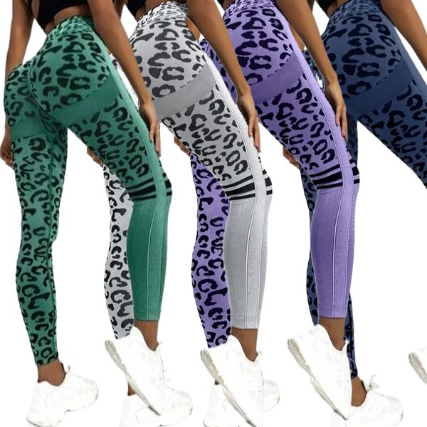 Designer women's leopard print seamless yoga clothes tight running sports pants high waist and hip lifting peach hip fitness scrub washed shorts three quarter pants