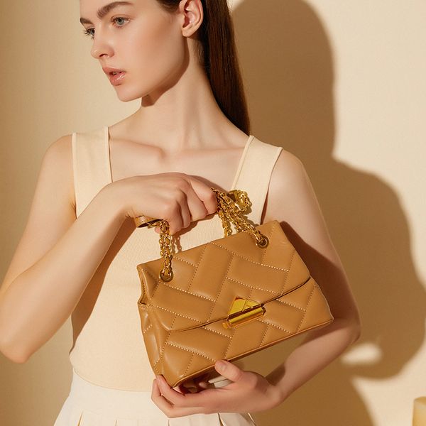 Women's New Top Layer Cowhide Quilted Chain Underarm Crossbody Black Genuine Leather Ladies Bag