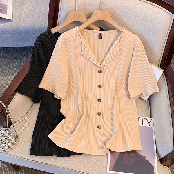 Plus size, plus size deep V-neck top chubby mm forest style summer women's shirt with a belly covering and slimming effect 3370