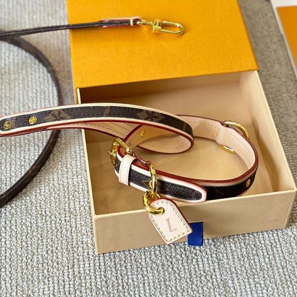 Classic Designer Dog Collar Golden Classic Leash Set Fashion Brands Adjustable Puppy Leash Pet Outdoor Running Training Necklace Rope Tie