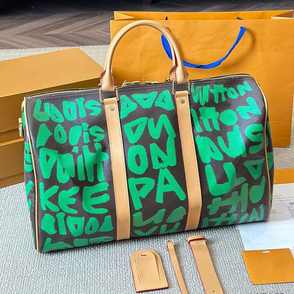 Designer Coated Canvas Graffiti Keepall 45 Duffel Bag French Brand L wers Pattern Printed Men Lage Tote Handbag Women Outdoor Airport Travelg Bags
