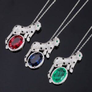 S925 Silver Faux Colored Gemstone Leopard Shaped Luxury Pendant Necklace, 13x18mm Main Stone, Fashionable Elegant Design, Perfect Women's Jewelry