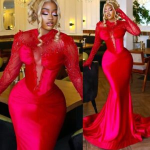 Red Mermaid Prom Dresses 2025 Full Sleeves Rhinestones Beaded Satin Evening Formal Party Second Birthday Engagement Gowns Plus Size Dress For Special Occasions
