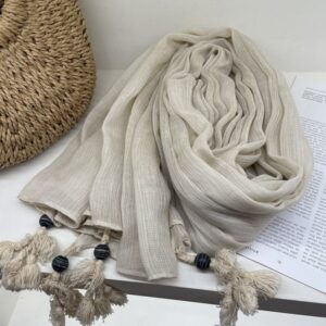 Retro literary wooden bead hanging solid color cotton and linen scarf –89661