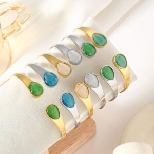 Wholesale 10pcs Mixed Natural Jade Chalcedony 316L Stainless Steel Open Cuff Bangles Titanium Set Oval Stone Bracelets For Women 2025 Trendy Waterproof Jewelry