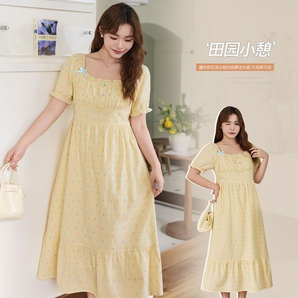 B441 dopamine atmosphere color dot age-reducing square collar dress for fat women, large size, waist-slimming A-line skirt