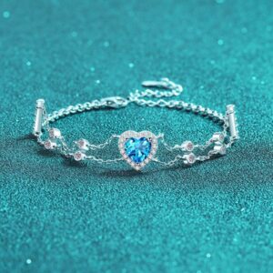 925 Sterling Silver Heart-Shaped Moissanite Bracelet for Women, Blue Center Stone, Adjustable Double Chain Design, Cute and Elegant Jewelry Gift