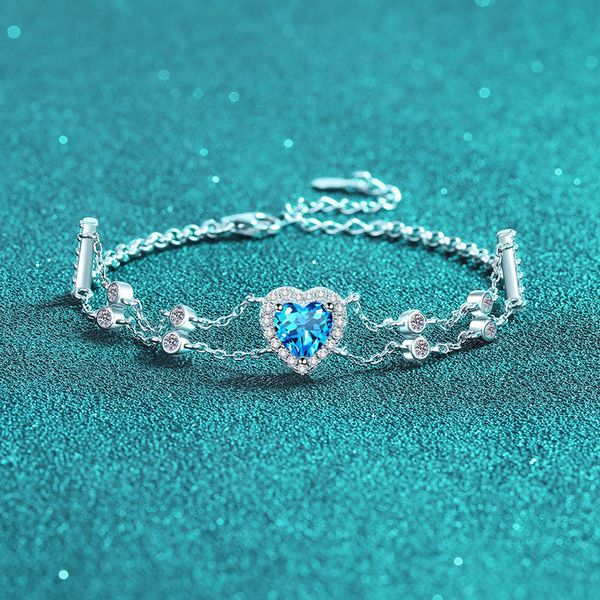 925 Sterling Silver Heart-Shaped Moissanite Bracelet for Women, Blue Center Stone, Adjustable Double Chain Design, Cute and Elegant Jewelry Gift
