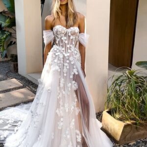 Romantic Off the Shoulder Boho Wedding Dresses 3D-Floral Appliques Side Split Bridal Gown Sheer Corset Bodice Summer Wedding Gowns