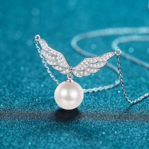 925 Sterling Silver Plated Pt950 Gold Collarbone Necklace Women 10mm Flawless Pearl Angel Wing Moissanite Elegant Luxury