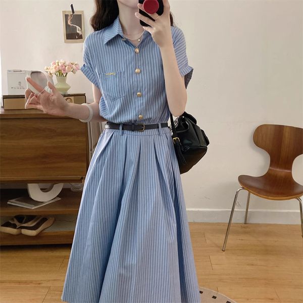 B428 Summer new blue striped college style versatile slim art retro waist shirt dress