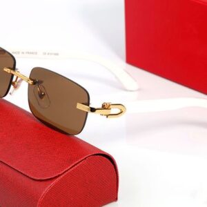 Womens Mens Sunglasses Designer Brand Eyeglasses Rectangle Gold Alloy White Buffalo Horn Glasses Wooden Frames Rimless Sunglass Luxurious Eyewear Case Lunettes