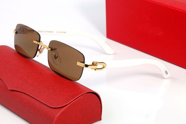 Womens Mens Sunglasses Designer Brand Eyeglasses Rectangle Gold Alloy White Buffalo Horn Glasses Wooden Frames Rimless Sunglass Luxurious Eyewear Case Lunettes