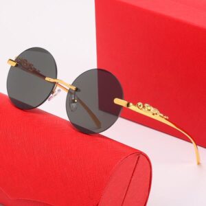 Round Designer Sunglasses For Women Gold Metal Panther Frame Brand Design Sunglass Mens Black Brown Transparent Lens Glasses Eyeglasses With Box lunettes de soleil