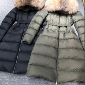Women 100% Big Real Raccoon Fur Hooded Down Coat X-Long Thick Warm Double Zipper Drawstring With Belt Slim Jacket Waterproof Parkas Black Green color