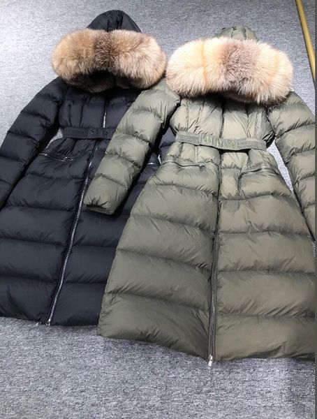 Women 100% Big Real Raccoon Fur Hooded Down Coat X-Long Thick Warm Double Zipper Drawstring With Belt Slim Jacket Waterproof Parkas Black Green color