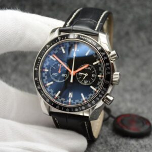 44MM Quartz Chronograph Date Mens Watches Red Hands Black Leather Strap Fixed Bezel With A Top Ring Showing Tachymeter Markings