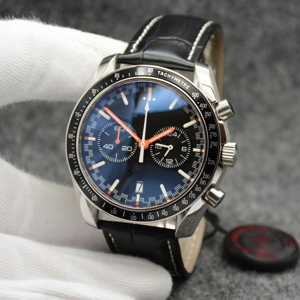 44MM Quartz Chronograph Date Mens Watches Red Hands Black Leather Strap Fixed Bezel With A Top Ring Showing Tachymeter Markings