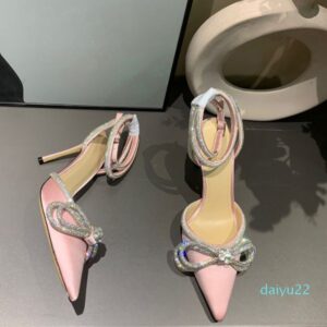 2022 new Satin Bow Pumps Crystal Embellished rhinestone Evening shoes stiletto Heels sandals women heeled Luxury Designers ankle strap Dress shoe footwear