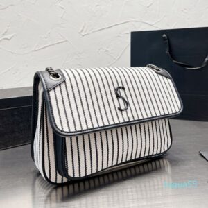 2025–10A Designer Canvas Messenger Bag Shoulder Messenger Bag Silver Chain Envelope Bag Black and White Stripes