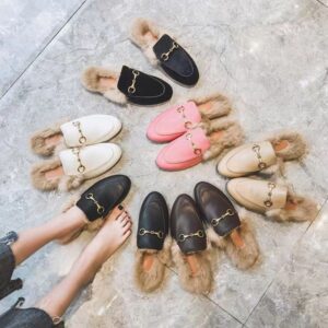 Fashion Women Embroidered Slippers Designer Metal Buckle Slide Leather Loafers Wool Shoes