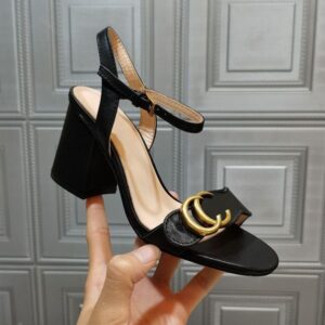 Summer Womens Fashion Ankle Strap High&Flat Heeled Sandals Double G Gold Metal Buckle Ladies Luxury Shoes 34-41 Slippers