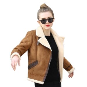 Brown Shearling Sheepskin Coats Women 2017 Autumn Winter Womens CoffeeLambs Wool Short Biker Faux Leather Suede Jackets JS3010