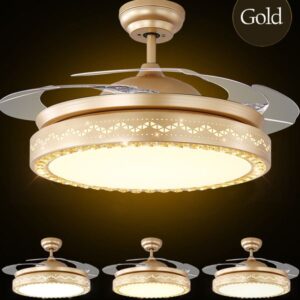 LED Ceiling Invisible Fan Lights Timing Remote Control Frequency Conversion Motor Warm White Light Pendant Lamp Remote Control Crystal
