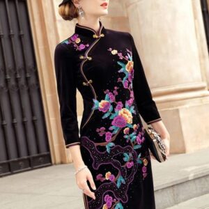 2019 autumn new velvet cheongsam dress
