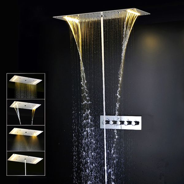 Bathroom LED Shower Set 4 ways Mixer Valve Ceiling ShowerHead Panel Rainfall Waterfall Massage Bath System Faucets 380*700MM