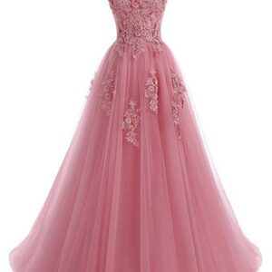 Hot Prom Dresses A Line Appliques Lace Sleeveless Blush Pink Long Formal Evening Gowns Prom Party dress With Flower Lace-up Back