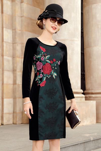 Velvet dress, long slim slimming embroidery, large size women's clothing
