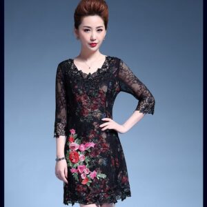 Summer new mother dress bud silk screen embroidery dress large size women's seven-point sleeve A word skirt