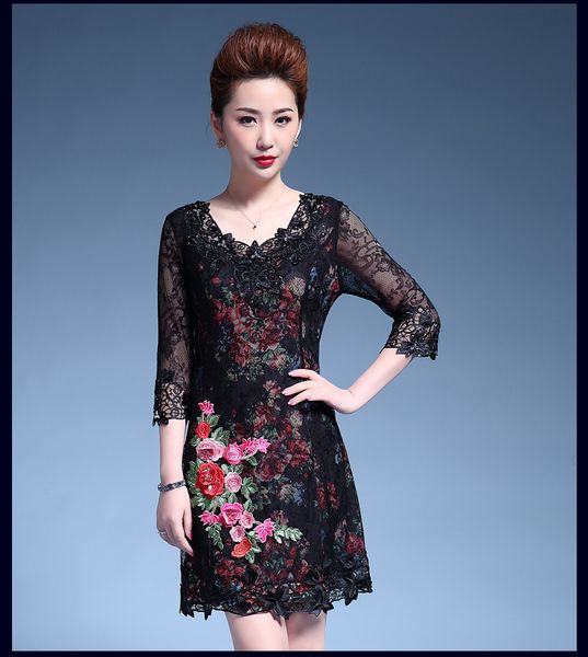 Summer new mother dress bud silk screen embroidery dress large size women's seven-point sleeve A word skirt