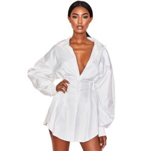 Women's Autumn Long Sleeve Solid Lapel Shirt Dress 2019 Mini Sexy Dress Casual Loose Tops Blouse
