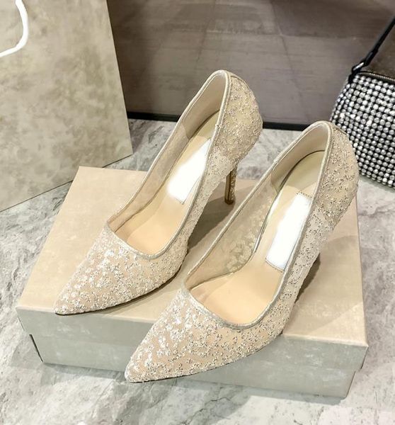 Designer Sandals Dress Shoes Stylesheels woman Top Quality Lady Stylish flat 8CM 10CM Diamond mesh yarn Point size 35-40